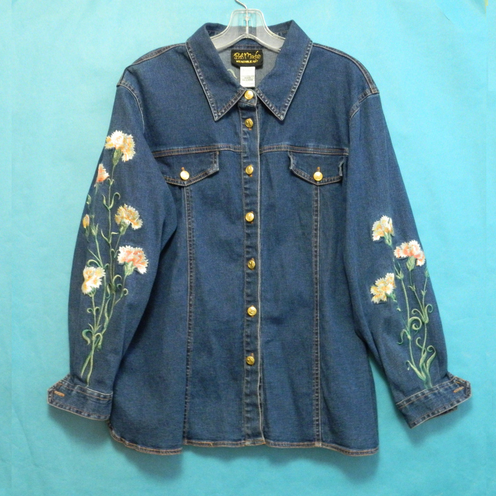 Bob Mackie Wearable Art Embroidered Jean Shirt Lg